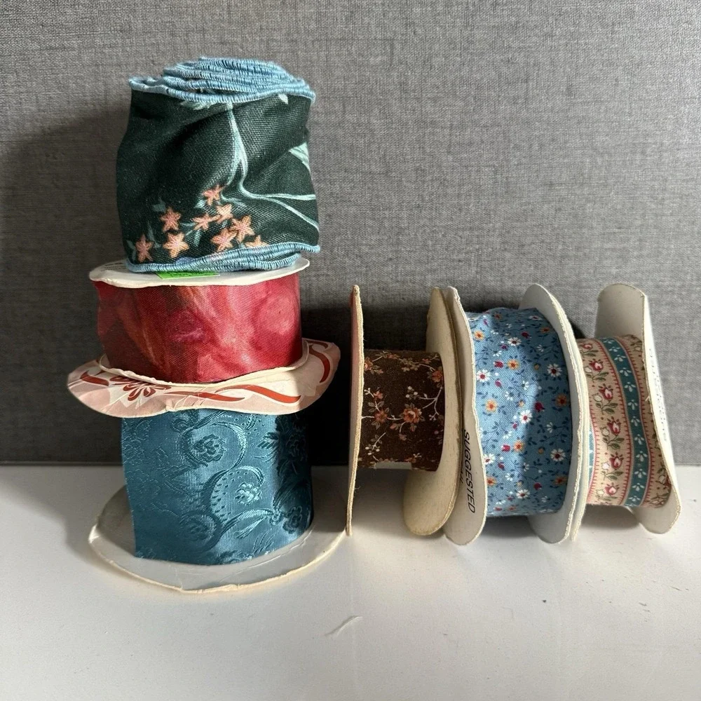 Box Lot Vintage Fabric Ribbon Summer Fall Floral Some NOS